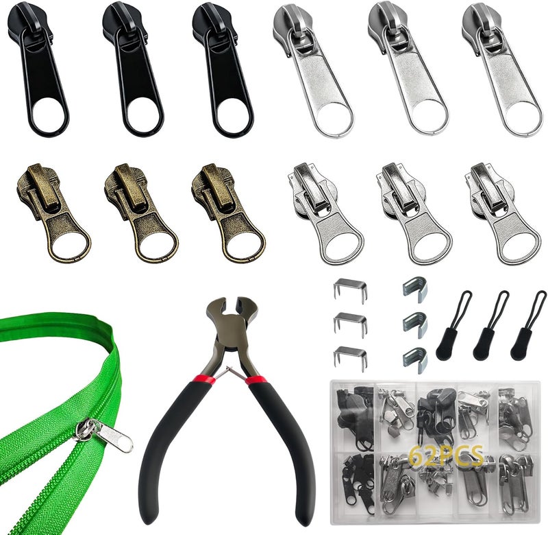 Vintex 62 Pcs Zipper Repair Kit with Replacement Sliders, #5 Metal Zipper Pull Replacement Kit with Install Plier for Jackets, Coats, Tents, Backpacks, Sleeping Bags, and Luggage - Image 1